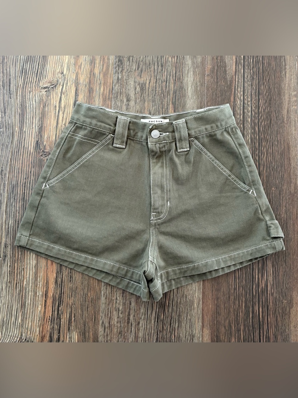 PacSun Green Denim Carpenter Shorts Womens 26 High Rise 2.5” Inseam White Stitch